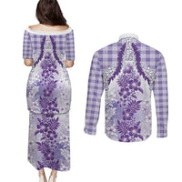 Aloha Hawaii Palaka Couples Matching Puletasi and Long Sleeve Button Shirt Purple Plumeria Lei - Polynesian Pride