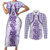 Aloha Hawaii Palaka Couples Matching Short Sleeve Bodycon Dress and Long Sleeve Button Shirt Purple Plumeria Lei LT05 Purple - Polynesian Pride