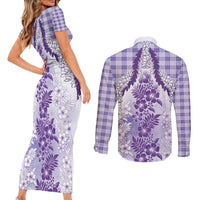 Aloha Hawaii Palaka Couples Matching Short Sleeve Bodycon Dress and Long Sleeve Button Shirt Purple Plumeria Lei - Polynesian Pride