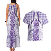 Aloha Hawaii Palaka Couples Matching Tank Maxi Dress and Hawaiian Shirt Purple Plumeria Lei - Polynesian Pride