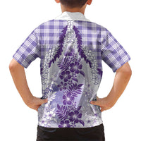 Aloha Hawaii Palaka Family Matching Off Shoulder Short Dress and Hawaiian Shirt Purple Plumeria Lei LT05 - Polynesian Pride