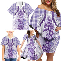 Aloha Hawaii Palaka Family Matching Off Shoulder Short Dress and Hawaiian Shirt Purple Plumeria Lei LT05 - Polynesian Pride