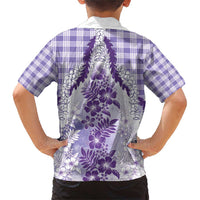 Aloha Hawaii Palaka Family Matching Short Sleeve Bodycon Dress and Hawaiian Shirt Purple Plumeria Lei LT05 - Polynesian Pride