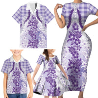 Aloha Hawaii Palaka Family Matching Short Sleeve Bodycon Dress and Hawaiian Shirt Purple Plumeria Lei LT05 - Polynesian Pride
