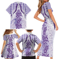Aloha Hawaii Palaka Family Matching Short Sleeve Bodycon Dress and Hawaiian Shirt Purple Plumeria Lei LT05 - Polynesian Pride