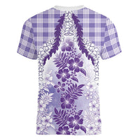 Aloha Hawaii Palaka Women V-Neck T-Shirt Purple Plumeria Lei - Polynesian Pride