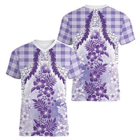 Aloha Hawaii Palaka Women V-Neck T-Shirt Purple Plumeria Lei - Polynesian Pride