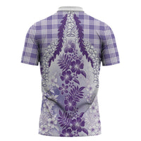Aloha Hawaii Palaka Zipper Polo Shirt Purple Plumeria Lei - Polynesian Pride