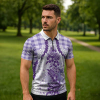 Aloha Hawaii Palaka Zipper Polo Shirt Purple Plumeria Lei - Polynesian Pride