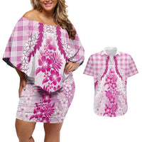 Aloha Hawaii Palaka Couples Matching Off Shoulder Short Dress and Hawaiian Shirt Pink Plumeria Lei - Polynesian Pride