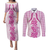 Aloha Hawaii Palaka Couples Matching Puletasi and Long Sleeve Button Shirt Pink Plumeria Lei - Polynesian Pride