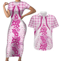 Aloha Hawaii Palaka Couples Matching Short Sleeve Bodycon Dress and Hawaiian Shirt Pink Plumeria Lei LT05 Pink - Polynesian Pride
