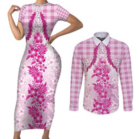 Aloha Hawaii Palaka Couples Matching Short Sleeve Bodycon Dress and Long Sleeve Button Shirt Pink Plumeria Lei - Polynesian Pride