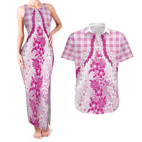 Aloha Hawaii Palaka Couples Matching Tank Maxi Dress and Hawaiian Shirt Pink Plumeria Lei - Polynesian Pride