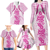 Aloha Hawaii Palaka Family Matching Long Sleeve Bodycon Dress and Hawaiian Shirt Pink Plumeria Lei - Polynesian Pride