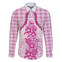 Aloha Hawaii Palaka Family Matching Long Sleeve Bodycon Dress and Hawaiian Shirt Pink Plumeria Lei LT05 Dad's Shirt - Long Sleeve Pink - Polynesian Pride