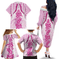 Aloha Hawaii Palaka Family Matching Off The Shoulder Long Sleeve Dress and Hawaiian Shirt Pink Plumeria Lei - Polynesian Pride