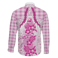 Aloha Hawaii Palaka Family Matching Off The Shoulder Long Sleeve Dress and Hawaiian Shirt Pink Plumeria Lei LT05 - Polynesian Pride