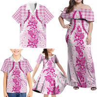 Aloha Hawaii Palaka Family Matching Off Shoulder Maxi Dress and Hawaiian Shirt Pink Plumeria Lei LT05 - Polynesian Pride