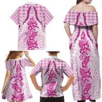 Aloha Hawaii Palaka Family Matching Off Shoulder Maxi Dress and Hawaiian Shirt Pink Plumeria Lei - Polynesian Pride