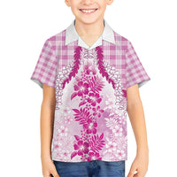 Aloha Hawaii Palaka Family Matching Off Shoulder Maxi Dress and Hawaiian Shirt Pink Plumeria Lei LT05 Son's Shirt Pink - Polynesian Pride