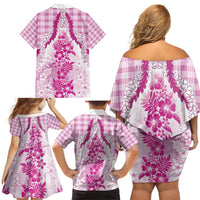 Aloha Hawaii Palaka Family Matching Off Shoulder Short Dress and Hawaiian Shirt Pink Plumeria Lei LT05 - Polynesian Pride