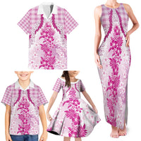 Aloha Hawaii Palaka Family Matching Tank Maxi Dress and Hawaiian Shirt Pink Plumeria Lei - Polynesian Pride