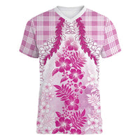 Aloha Hawaii Palaka Women V-Neck T-Shirt Pink Plumeria Lei - Polynesian Pride
