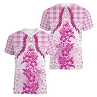 Aloha Hawaii Palaka Women V-Neck T-Shirt Pink Plumeria Lei - Polynesian Pride