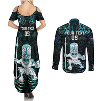 Custom New Zealand Maori Taiaha Couples Matching Summer Maxi Dress and Long Sleeve Button Shirt Tiki Warrior Paua Shell LT05 - Polynesian Pride