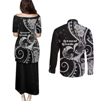New Zealand Valentine Couples Matching Puletasi and Long Sleeve Button Shirt Aroha Gray Piwakawaka