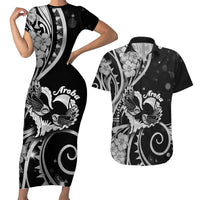 New Zealand Valentine Couples Matching Short Sleeve Bodycon Dress and Hawaiian Shirt Aroha Gray Piwakawaka LT05 Gray - Polynesian Pride