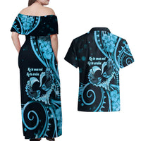 New Zealand Valentine Couples Matching Off Shoulder Maxi Dress and Hawaiian Shirt Aroha Cyan Piwakawaka LT05 - Polynesian Pride