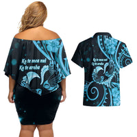 New Zealand Valentine Couples Matching Off Shoulder Short Dress and Hawaiian Shirt Aroha Cyan Piwakawaka LT05 - Polynesian Pride