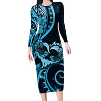 New Zealand Valentine Family Matching Long Sleeve Bodycon Dress and Hawaiian Shirt Aroha Cyan Piwakawaka