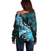 Personalised Hawaii Valentine Day Off Shoulder Sweater Polynesian Hibiscus Art Style Turquoise