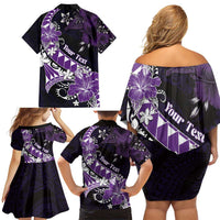 Personalised Hawaii Valentine Day Family Matching Off Shoulder Short Dress and Hawaiian Shirt Polynesian Hibiscus Art Style Purple