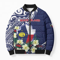 Personalised Wake Island Bomber Puffer Jacket Tribal Pattern With Hibiscus Flowers