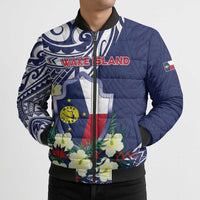 Personalised Wake Island Bomber Puffer Jacket Tribal Pattern With Hibiscus Flowers