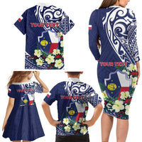 Personalised Wake Island Family Matching Long Sleeve Bodycon Dress and Hawaiian Shirt Tribal Pattern With Hibiscus Flowers LT05 - Polynesian Pride