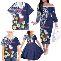Personalised Wake Island Family Matching Off The Shoulder Long Sleeve Dress and Hawaiian Shirt Tribal Pattern With Hibiscus Flowers LT05 - Polynesian Pride