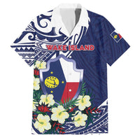 Personalised Wake Island Family Matching Off The Shoulder Long Sleeve Dress and Hawaiian Shirt Tribal Pattern With Hibiscus Flowers LT05 Dad's Shirt - Short Sleeve Blue - Polynesian Pride