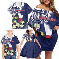 Personalised Wake Island Family Matching Off Shoulder Short Dress and Hawaiian Shirt Tribal Pattern With Hibiscus Flowers LT05 - Polynesian Pride