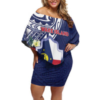 Personalised Wake Island Family Matching Off Shoulder Short Dress and Hawaiian Shirt Tribal Pattern With Hibiscus Flowers LT05 Mom's Dress Blue - Polynesian Pride