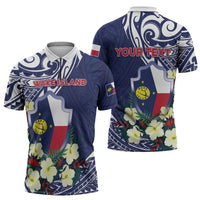 Personalised Wake Island Zipper Polo Shirt Tribal Pattern With Hibiscus Flowers