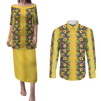 Aloha Hawaii Mardi Gras Couples Matching Puletasi and Long Sleeve Button Shirt Gold Style