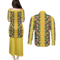Aloha Hawaii Mardi Gras Couples Matching Puletasi and Long Sleeve Button Shirt Gold Style