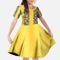 Aloha Hawaii Mardi Gras Family Matching Off Shoulder Short Dress and Hawaiian Shirt Gold Style LT05 Daughter's Dress Gold - Polynesian Pride