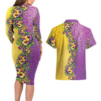 Hawaii Mardi Gras Couples Matching Long Sleeve Bodycon Dress and Hawaiian Shirt Plumeria Lei Beads Glitter Style LT05 - Polynesian Pride