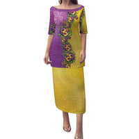 Hawaii Mardi Gras Family Matching Puletasi and Hawaiian Shirt Plumeria Lei Beads Glitter Style LT05 Mom's Dress Colorful - Polynesian Pride